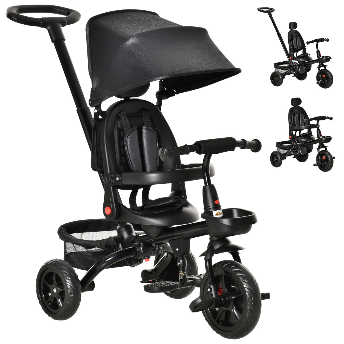 Tricycle for Toddler 5 in 1 Kids Trike, Foldable Converts Stroller to Toddler Bike, Adjustable Backrest & Curved Canopy, Detachable Guardrail & Handle for 1-5 Years Old, Black