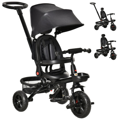 Tricycle for Toddler 5 in 1 Kids Trike, Foldable Converts Stroller to Toddler Bike, Adjustable Backrest & Curved Canopy, Detachable Guardrail & Handle for 1-5 Years Old, Black