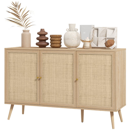 Kitchen Sideboard Cabinet, Boho Storage Cabinet with Shelves, Wood Legs, Decorative Rattan Doors, Black