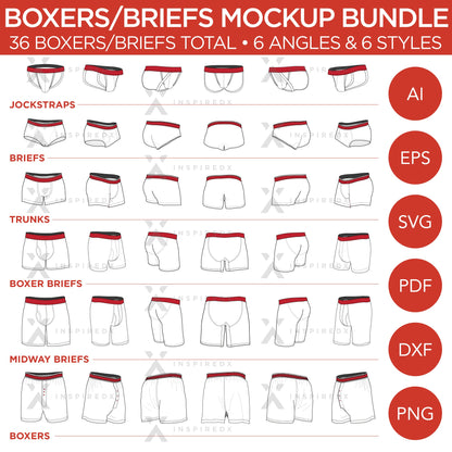 Boxers/Briefs Bundle - Mockup and Template, 36 Total, 6 Angles, 6 Styles, Layered, Detailed & Editable Vector in EPS, SVG, AI, PNG, DXF and PDF