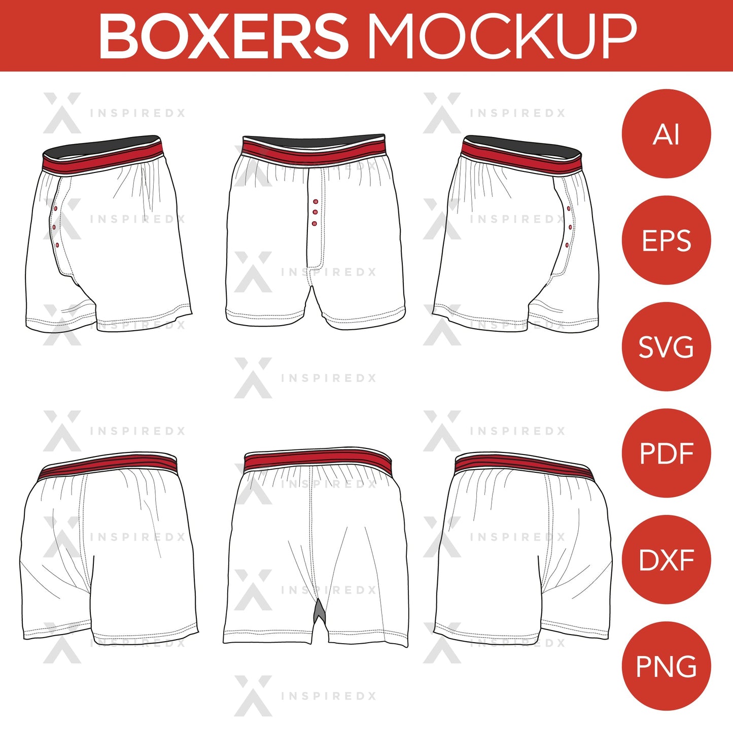 Boxers - Mockup and Template - 6 Angles, Layered, Detailed and Editable Vector in EPS, SVG, AI, PNG, DXF and PDF
