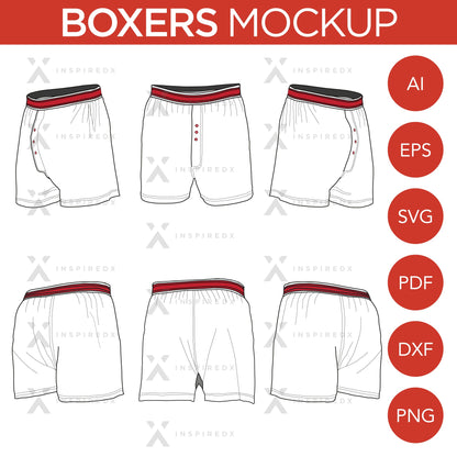 Boxers - Mockup and Template - 6 Angles, Layered, Detailed and Editable Vector in EPS, SVG, AI, PNG, DXF and PDF