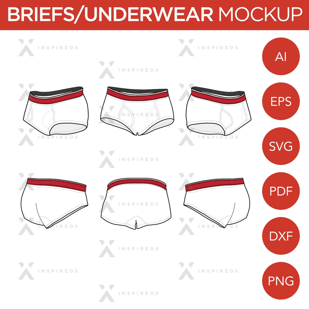 Briefs - Mockup and Template - 6 Angles, Layered, Detailed and Editable Vector in EPS, SVG, AI, PNG, DXF and PDF