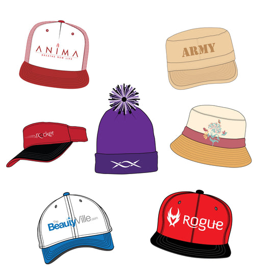 Hats/Caps Bundle - Bucket Hats, Curved Brim Hats, Flat Brim Hats, Military Caps, Visor Hats, Trucker Cap, Beanies - Mockup and Template - 76 Hats Total, Multiple Angles, 7 Styles, Layered, Detailed and Editable Vector in EPS, SVG, AI, PNG, DXF and PDF