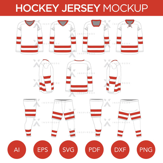 Hockey Jersey - Mockup and Template - 4 Angles, 4 Styles, Layered, Detailed and Editable Vector in EPS, SVG, AI, PNG, DXF and PDF