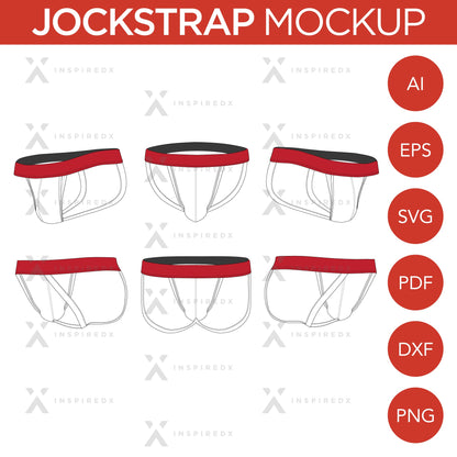 Jockstrap - Mockup and Template - 6 Angles, 1 Style, Layered, Detailed and Editable Vector in EPS, SVG, AI, PNG, DXF and PDF