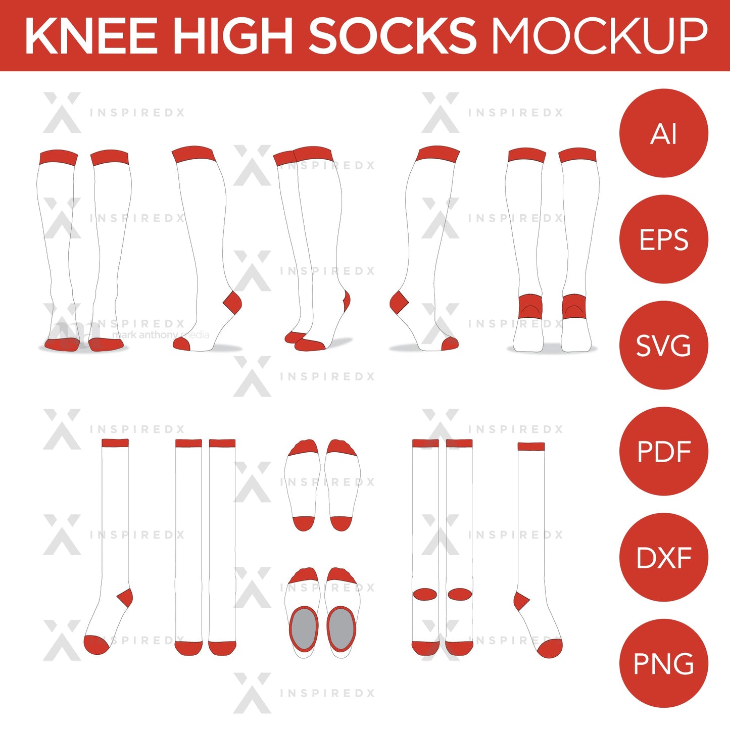 Knee High Socks - Mockup and Template - 11 Angles, Layered, Detailed and Editable Vector in EPS, SVG, AI, PNG, DXF and PDF