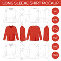 Long Sleeve T-Shirt, V-Neck, Henley Shirts - Mockup and Template - 12 Angles, 3 Styles, Layered, Detailed and Editable Vector in EPS, SVG, AI, PNG, DXF and PDF