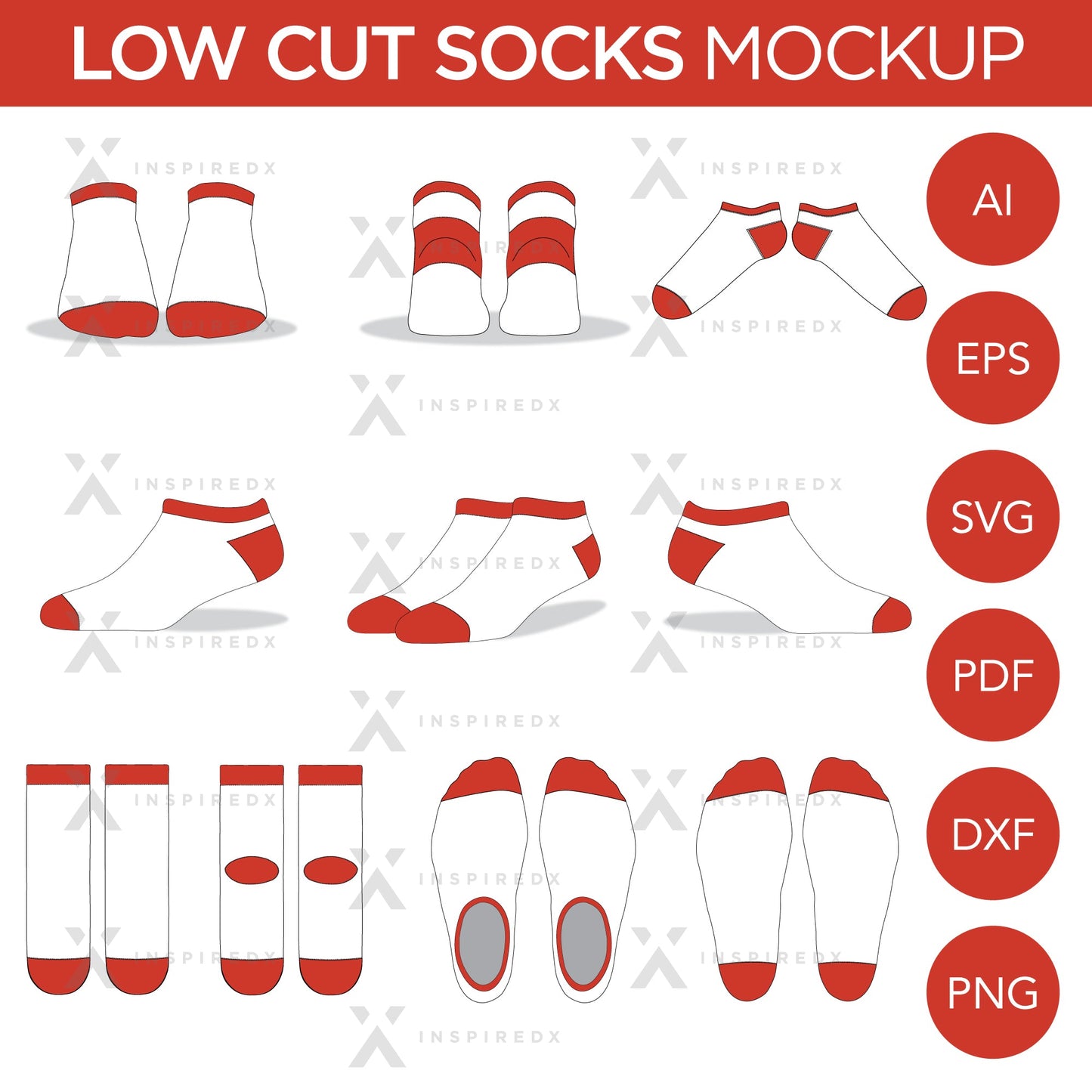 Low Cut Socks - Mockup and Template - 11 Angles, Layered, Detailed and Editable Vector in EPS, SVG, AI, PNG, DXF and PDF