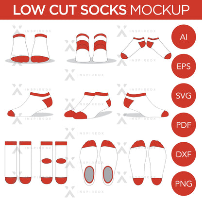 Low Cut Socks - Mockup and Template - 11 Angles, Layered, Detailed and Editable Vector in EPS, SVG, AI, PNG, DXF and PDF