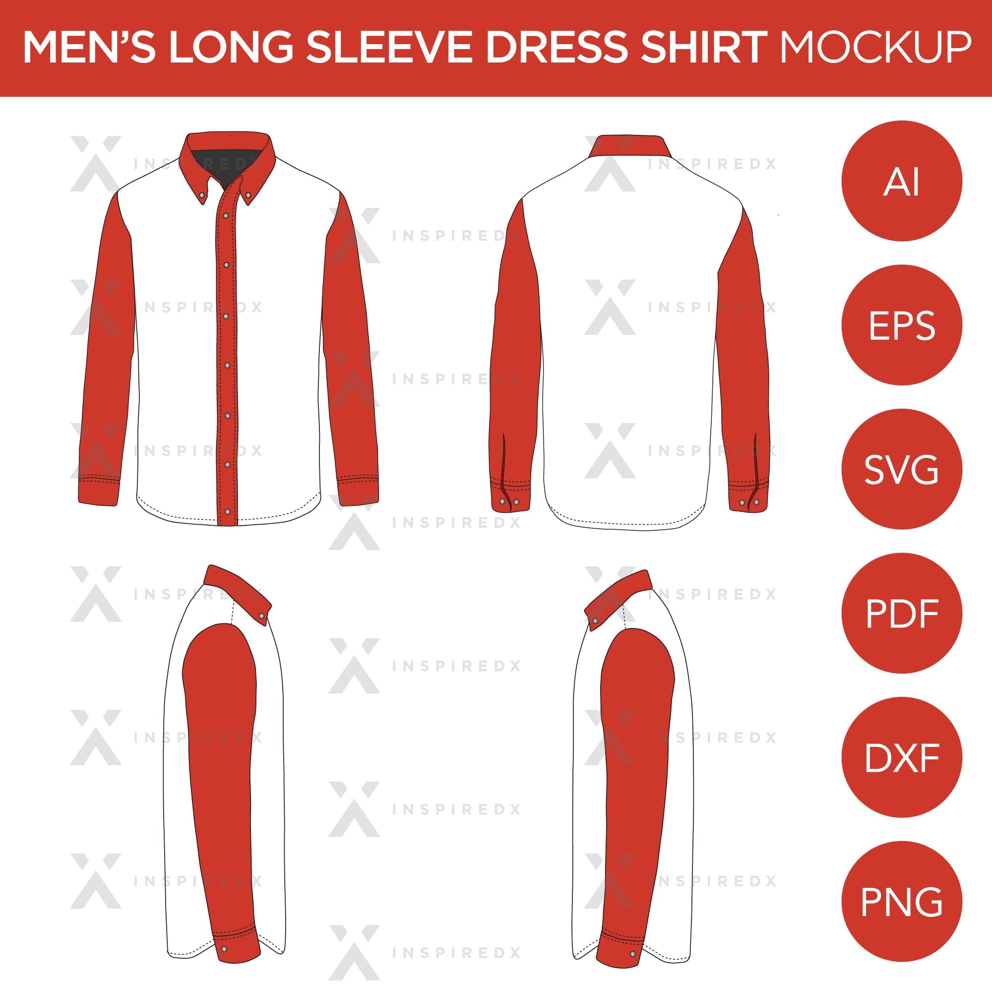 Men's Long Sleeve Dress Shirt - Mockup and Template - 4 Angles, 1 Style, Layered, Detailed and Editable Vector in EPS, SVG, AI, PNG, DXF and PDF