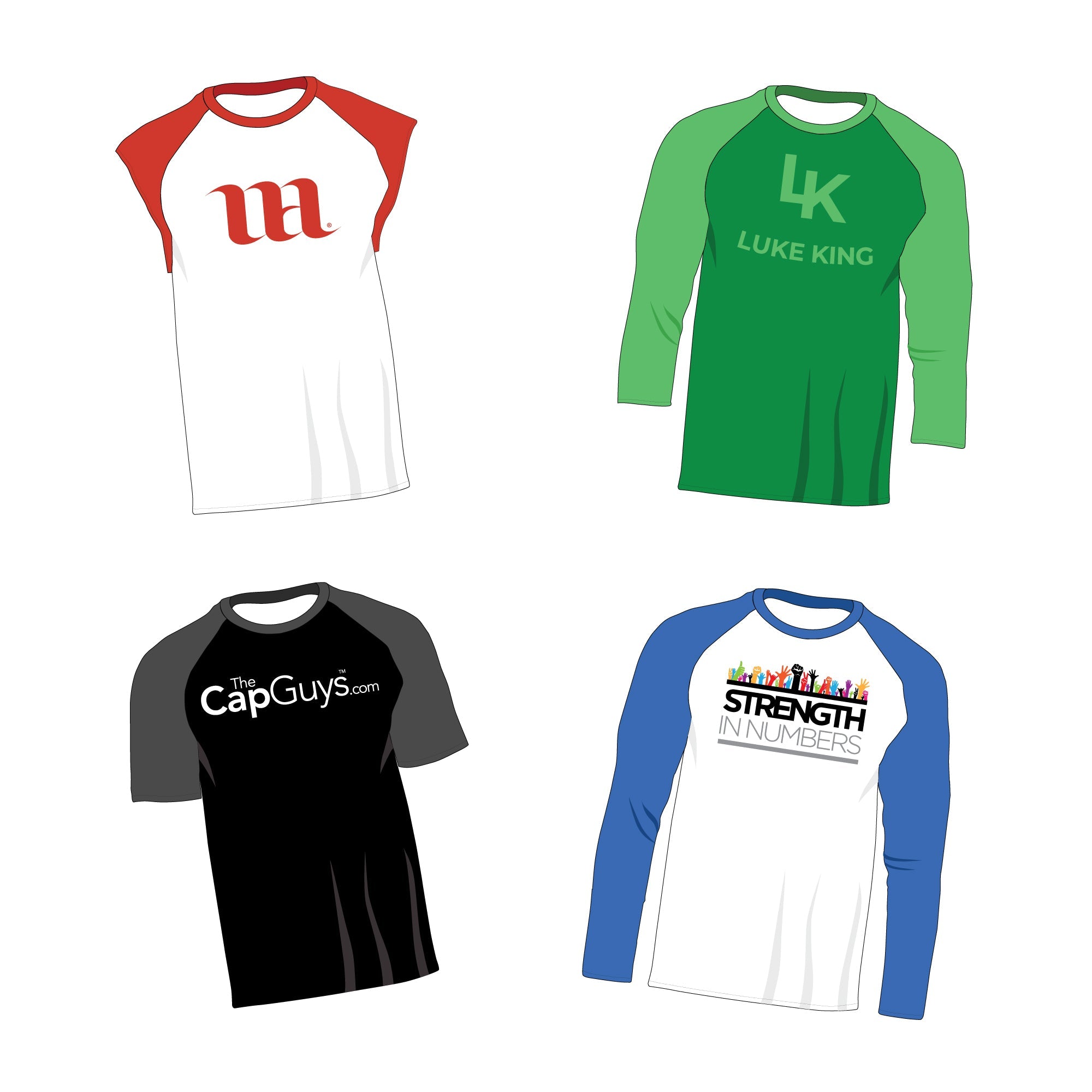 Raglan Men's Shirt Bundle - Cap Sleeve, Short Sleeve, 3/4 Sleeve and  Long Sleeve Raglans - Mockup and Template - 16 Raglan Shirts Total, 4 Angles, 4 Styles, Layered, Detailed and Editable Vector in EPS, SVG, AI, PNG, DXF and PDF