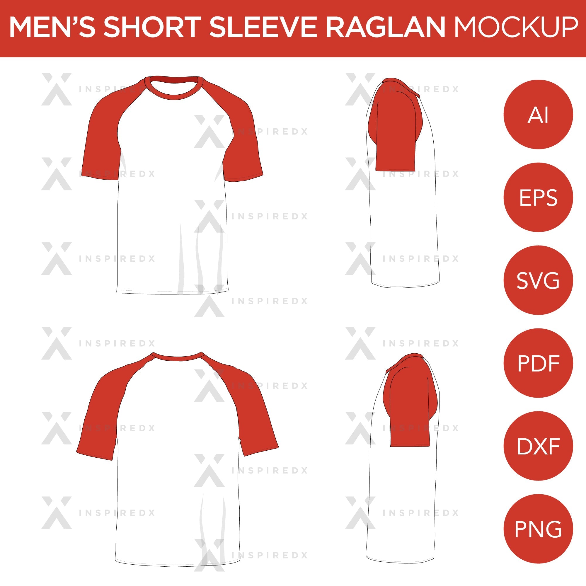 Raglan Men's Short Sleeve Shirt - Mockup and Template - 4 Angles, 1 Style, Layered, Detailed and Editable Vector in EPS, SVG, AI, PNG, DXF and PDF