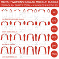 Raglan Men's + Women's Shirt Bundle - Cap Sleeve, Short Sleeve, 3/4 Sleeve and  Long Sleeve Raglans - Mockup and Template - 32 Raglan Shirts Total, 4 Angles, 8 Styles, Layered, Detailed and Editable Vector in EPS, SVG, AI, PNG, DXF and PDF