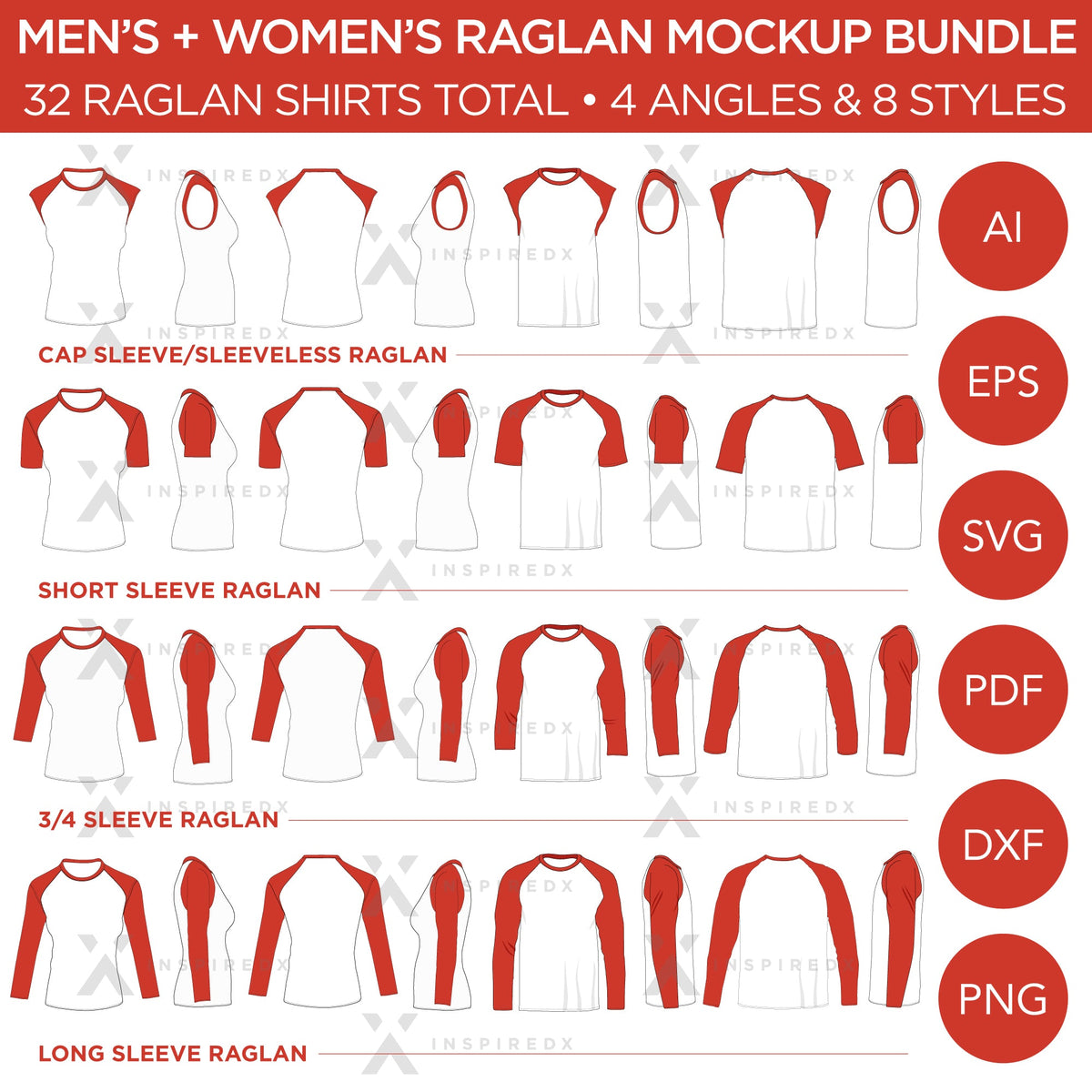 Raglan Men's + Women's Shirt Bundle - Cap Sleeve, Short Sleeve, 3/4 Sleeve and  Long Sleeve Raglans - Mockup and Template - 32 Raglan Shirts Total, 4 Angles, 8 Styles, Layered, Detailed and Editable Vector in EPS, SVG, AI, PNG, DXF and PDF