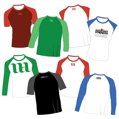 Raglan Men's + Women's Shirt Bundle - Cap Sleeve, Short Sleeve, 3/4 Sleeve and  Long Sleeve Raglans - Mockup and Template - 32 Raglan Shirts Total, 4 Angles, 8 Styles, Layered, Detailed and Editable Vector in EPS, SVG, AI, PNG, DXF and PDF