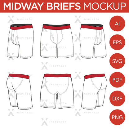 Midway Boxer Briefs - Mockup and Template - 6 Angles, Layered, Detailed and Editable Vector in EPS, SVG, AI, PNG, DXF and PDF