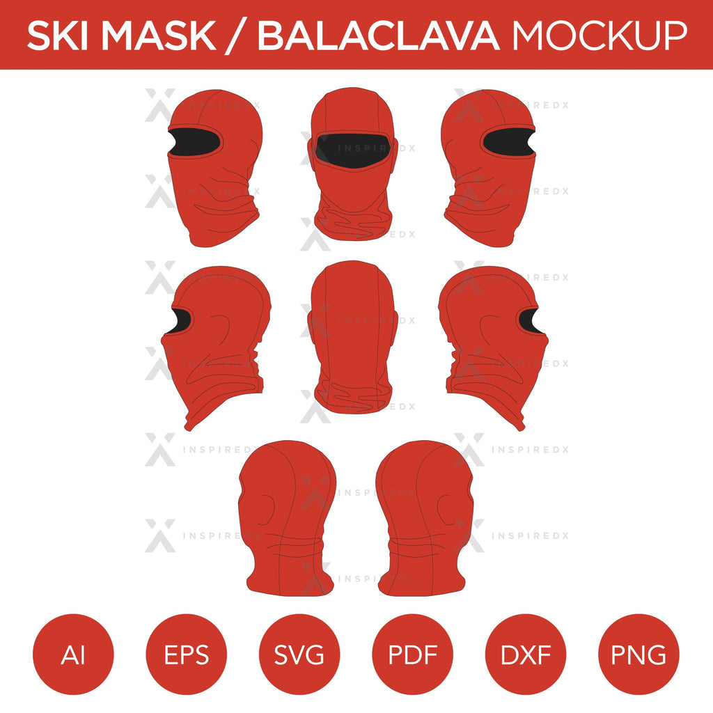 Ski Mask / Balaclava - Mockup and Template - 8 Angles, 1 Style, Layered, Detailed and Editable Vector in EPS, SVG, AI, PNG, DXF and PDF