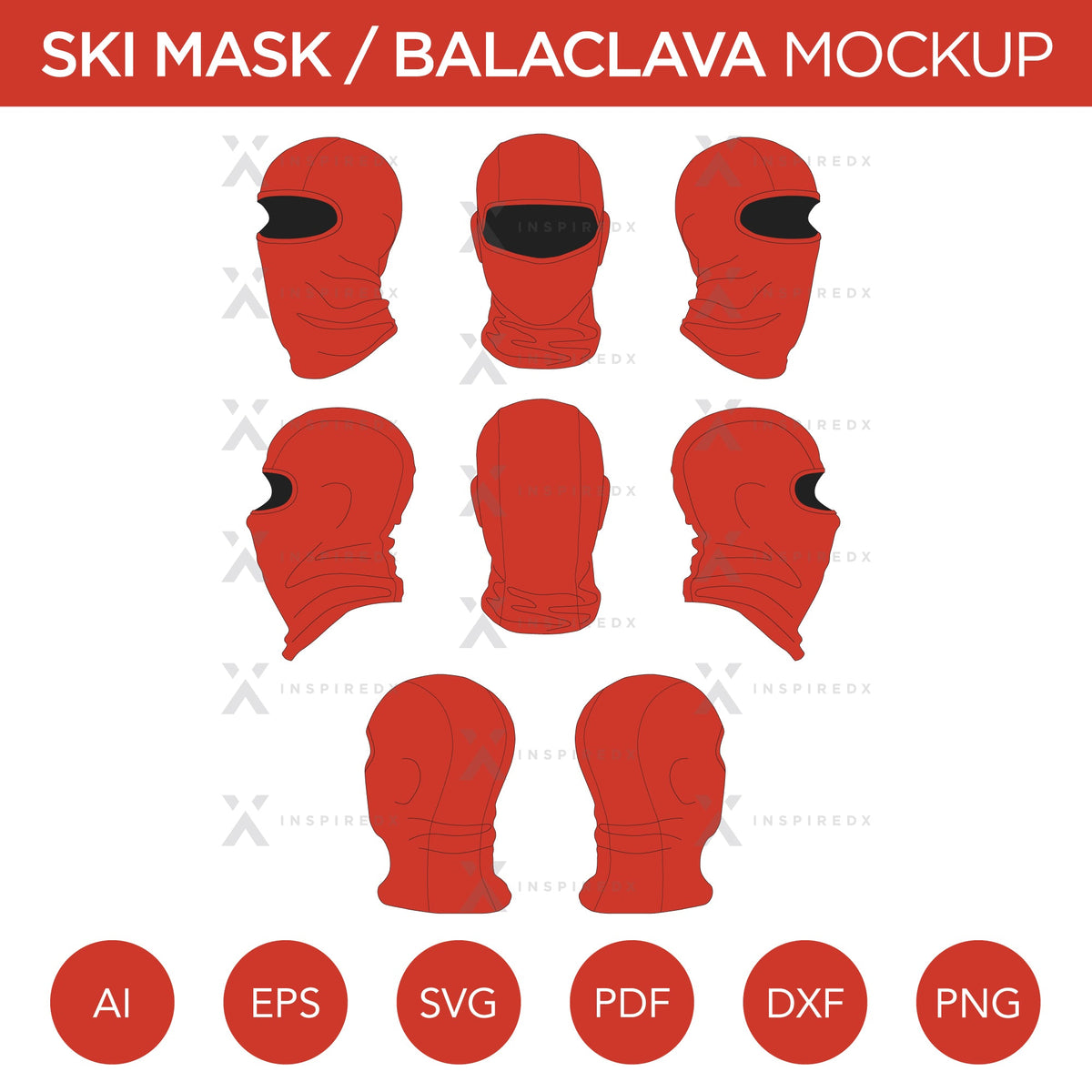 Ski Mask / Balaclava - Mockup and Template - 8 Angles, 1 Style, Layered, Detailed and Editable Vector in EPS, SVG, AI, PNG, DXF and PDF