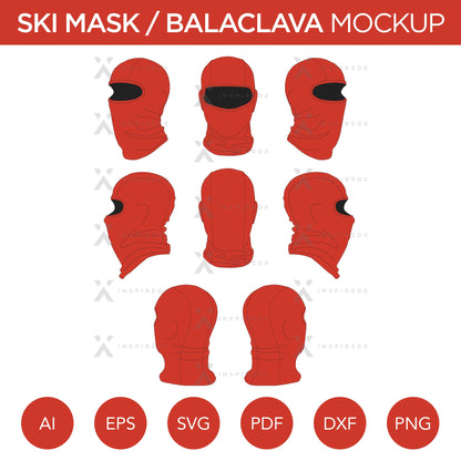Ski Mask / Balaclava - Mockup and Template - 8 Angles, 1 Style, Layered, Detailed and Editable Vector in EPS, SVG, AI, PNG, DXF and PDF