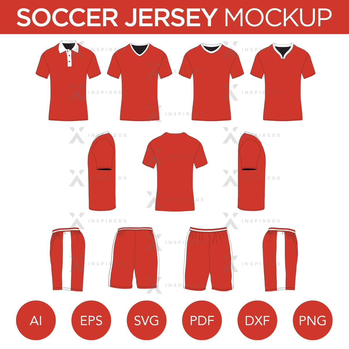 Soccer Jersey - Mockup and Template - 4 Angles, 3 Styles, Layered, Detailed and Editable Vector in EPS, SVG, AI, PNG, DXF and PDF
