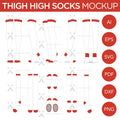 Thigh High Socks - Mockup and Template - 11 Angles, Layered, Detailed and Editable Vector in EPS, SVG, AI, PNG, DXF and PDF