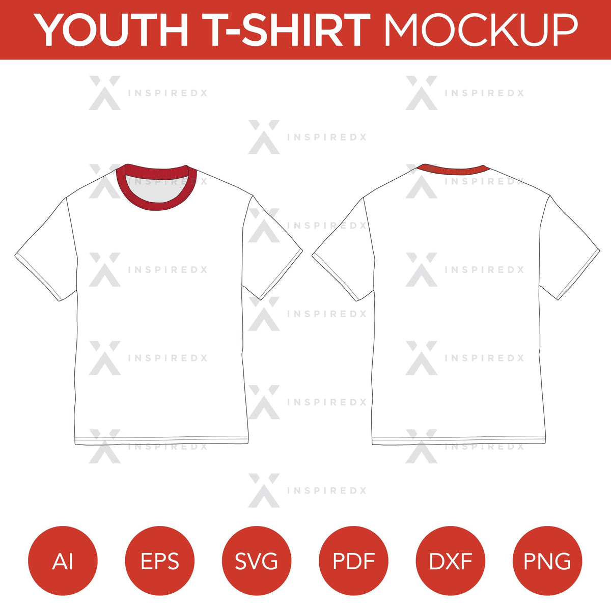 Youth T-Shirt - Mockup and Template - 1 Angles, 1 Style, Layered, Detailed and Editable Vector in EPS, SVG, AI, PNG, DXF and PDF