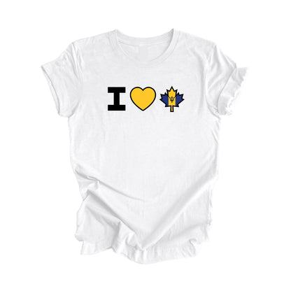 I Love Canada - Canadian Maple Leaf with Barbados Flag, Canadian Gift T-Shirt, Bajan Present, National Flag Tee Shirt - Inspired X