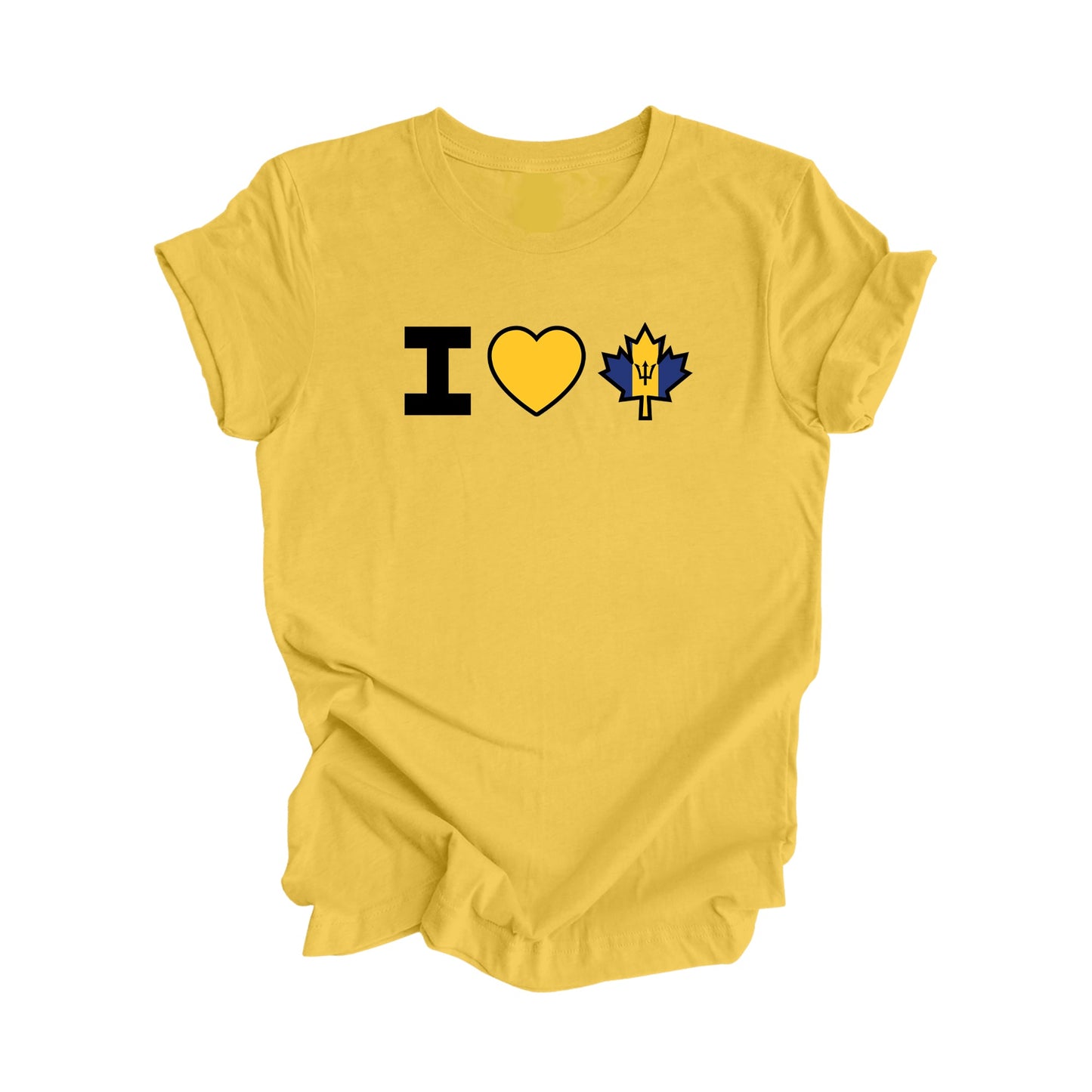 I Love Canada - Canadian Maple Leaf with Barbados Flag, Canadian Gift T-Shirt, Bajan Present, National Flag Tee Shirt - Inspired X