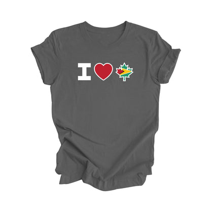 I Love Canada - Canadian Maple Leaf with Guyana Flag, Canadian Gift T-Shirt, Guyana Present, National Flag Tee Shirt - Inspired X