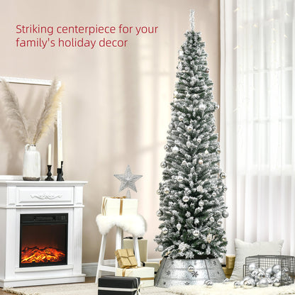 6ft Flocked Christmas Tree, Pencil Christmas Tree with Realistic Branch Tips, Folding Metal Stand, Green