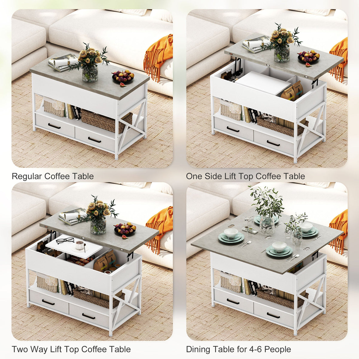 Modern Coffee Table, Lift Top Center Table with Fabric Drawers and Hidden Storage for Living Room, Distressed Black