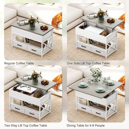 Modern Coffee Table, Lift Top Center Table with Fabric Drawers and Hidden Storage for Living Room, Distressed Black