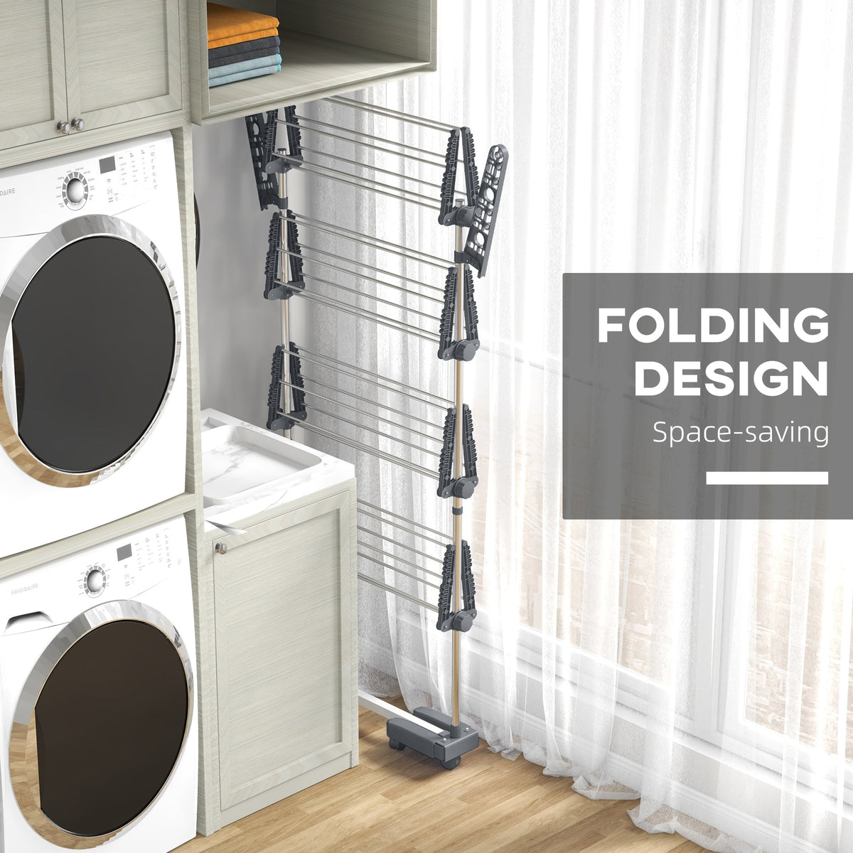 Garment Drying Rack Stainless Steel Folding Clothes Hanging Rack with Side Wings Castors for Indoor Outdoor Black