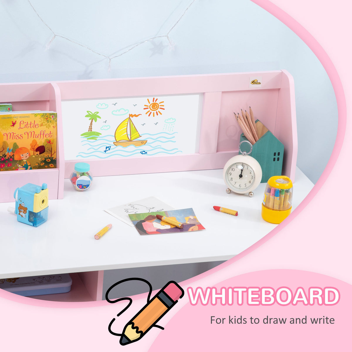 2Pcs Kids Desk and Chair Set with Whiteboard, Storage, Shelves, Grey
