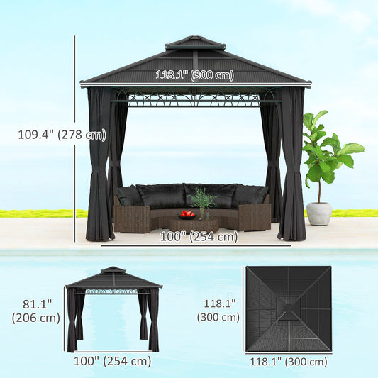10' x 10' Outdoor Hardtop Gazebo Canopy w/ Double PC Roof, Steel Frame, Nettings, Curtains for Garden Lawn Deck, Black