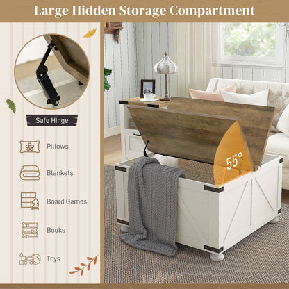 Farmhouse Coffee Table, Square Center Table with Flip-top Lids, Hidden Storage Compartment and Wooden Legs, Oak