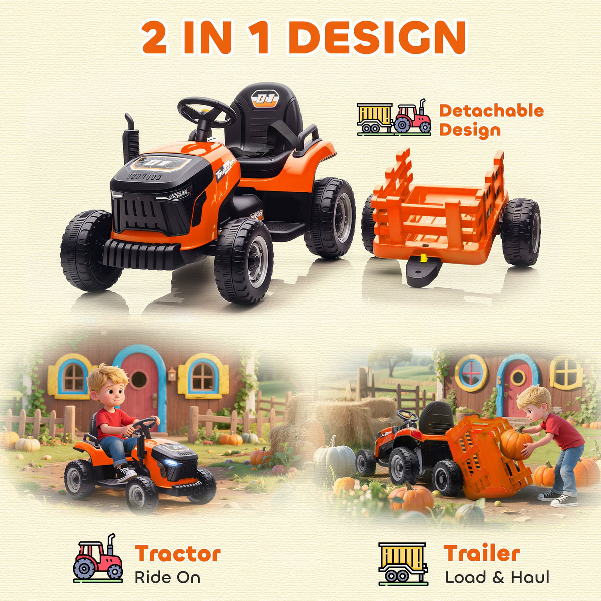 12V Kids Ride On Tractor with Trailor, Remote Control, Music, Lights, Shifter, for Kids Ages 3-8 Years, Blue