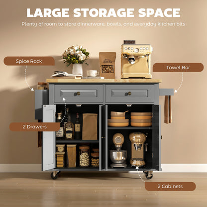 Kitchen Island with Storage, Rolling Trolley Cart with Rubber Wood Top, Spice Rack, Towel Rack, Brown Oak