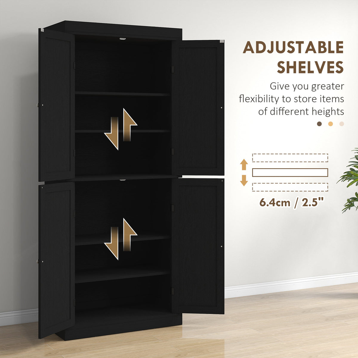 72.5" Freestanding Kitchen Pantry Cabinet with 4 Doors, Black