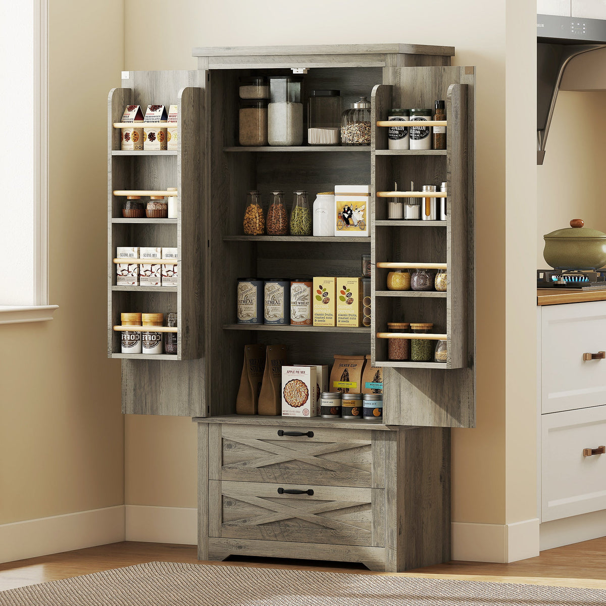Farmhouse Kitchen Pantry Storage Cabinet, 64" Freestanding Kitchen Pantry Cabinet with Drawers, Distressed Black