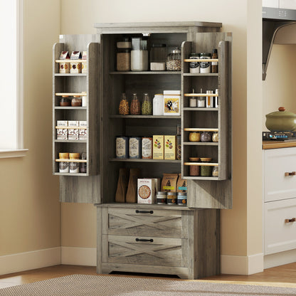Farmhouse Kitchen Pantry Storage Cabinet, 64" Freestanding Kitchen Pantry Cabinet with Drawers, Distressed Black