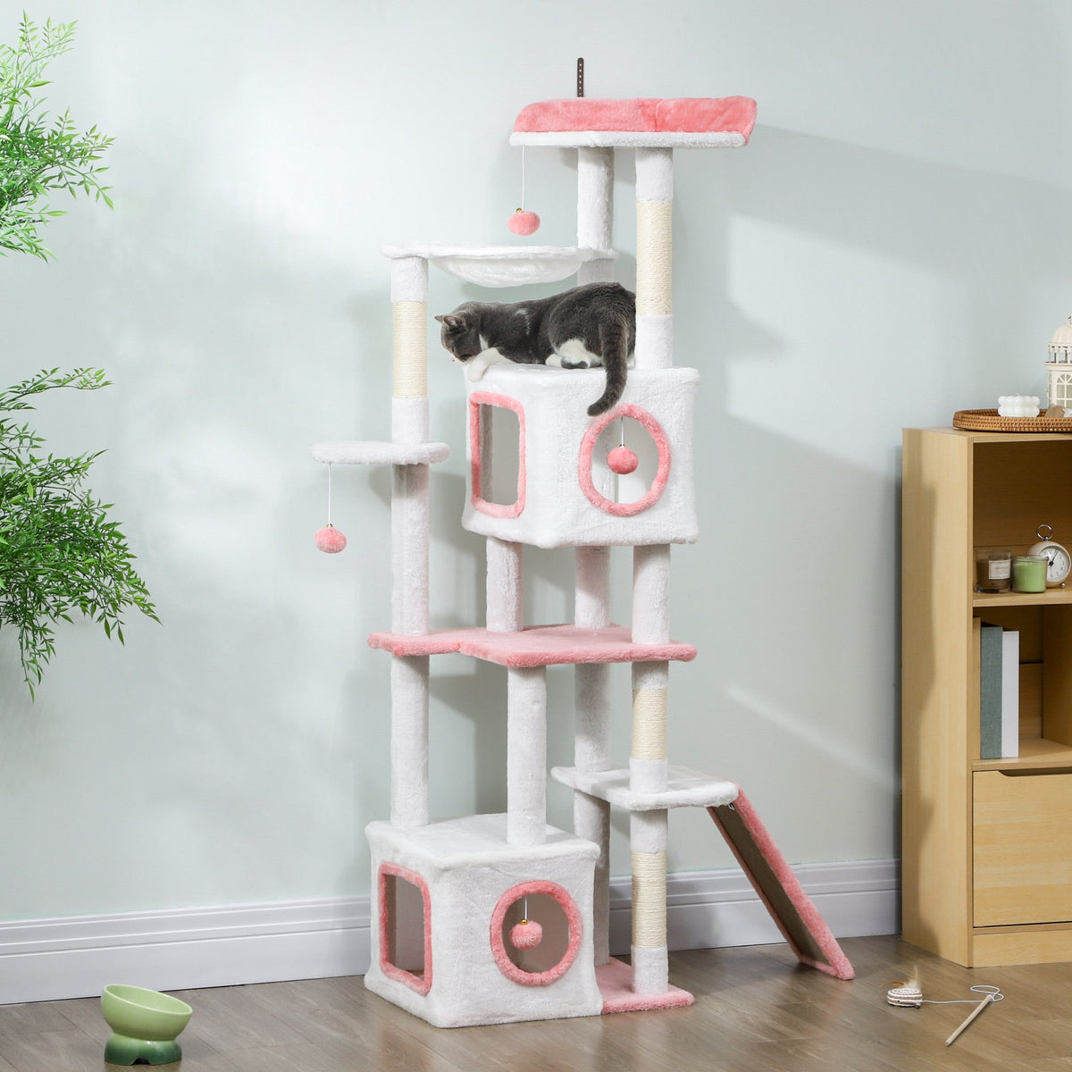 65 Inch Cat Tree with 2 Doors Condos, Plush Top Perch, Hammock, Sisal Scratching Posts, 4 Pompoms, Ramp, Grey