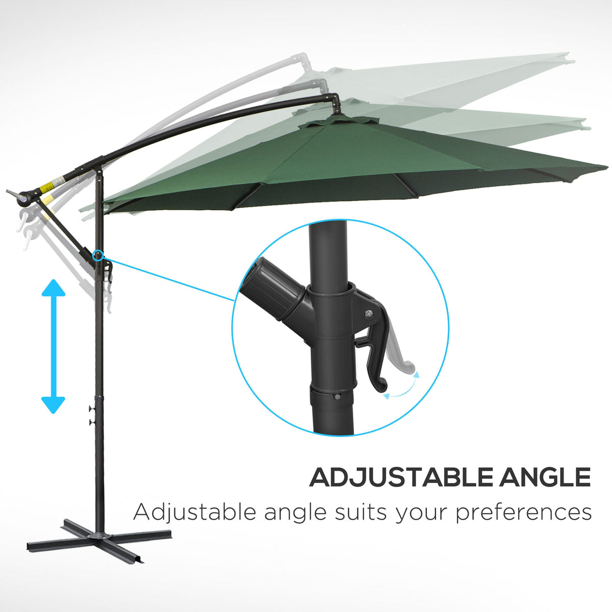 9.7ft Offset Patio UmbrellaCantilever Parasol with Crank Handle, 8 Ribs and Cross Base for Outdoor, Sun Shade, Black