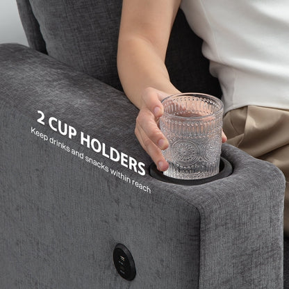 3 Seater Sofa with USB Ports & Cup Holders, Chenille-Feel Upholstered Couch for Living Room, Grey