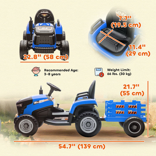 12V Kids Ride On Tractor with Trailor, Remote Control, Music, Lights, Shifter, for Kids Ages 3-8 Years, Blue