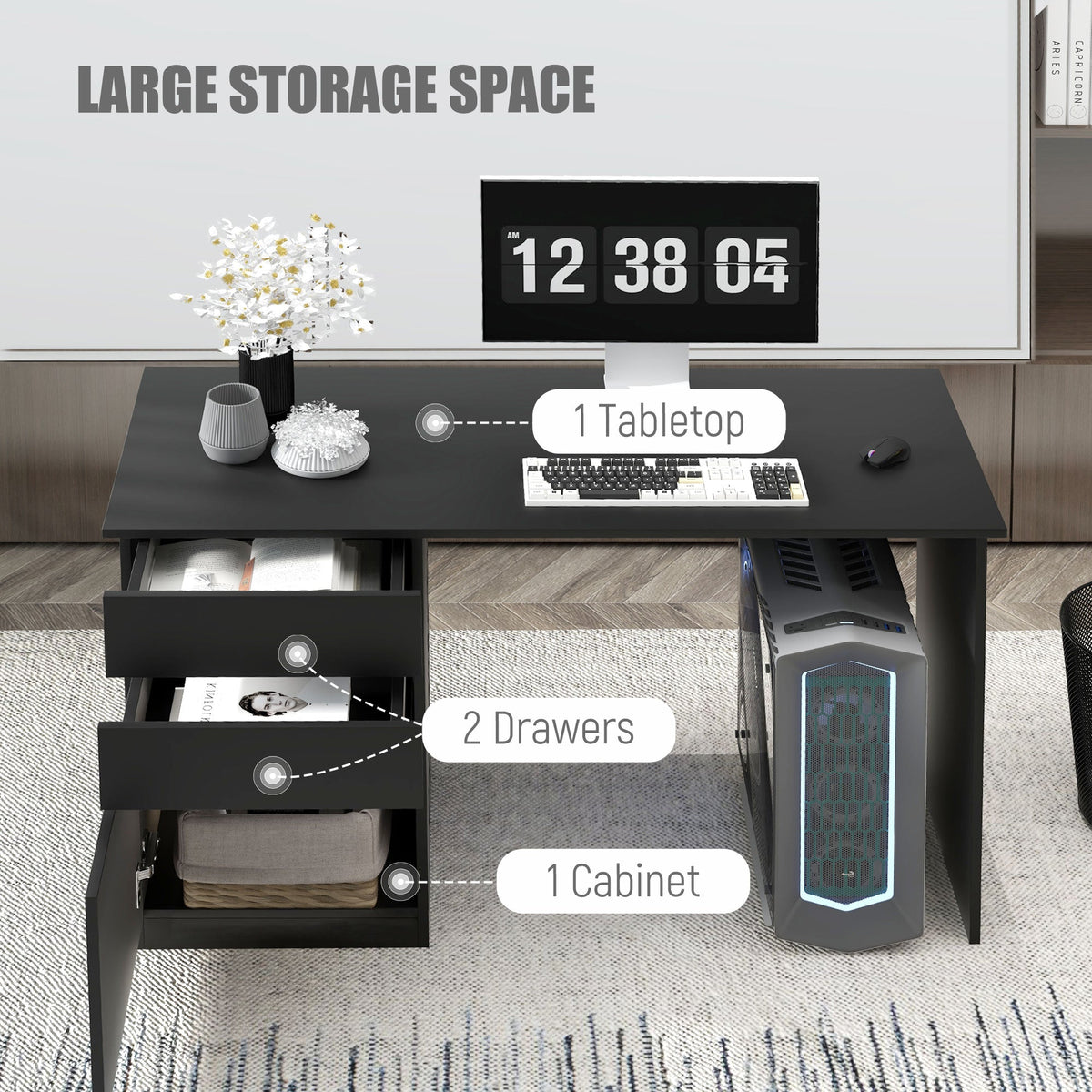 Modern Computer Desk, Home Office Desk for Study, Writing Workstation with Storage Drawer and Cabinet for Living Room, White
