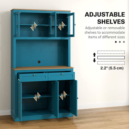 71" Pantry Cabinet with Microwave Space, Buffet with Hutch, 2 Drawers, Adjustable Shelves and Glass Doors, Blue