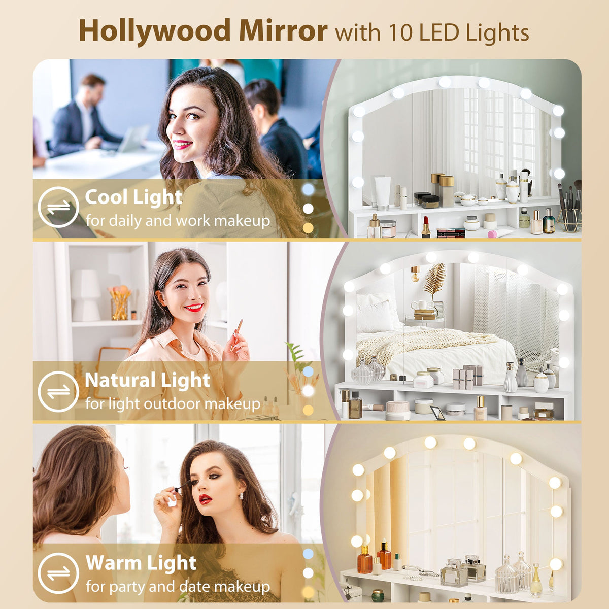 Makeup Vanity with Mirror and 10 LED Lights, 3 Colour Adjustable, Dressing Table with 7 Drawers, 3 Compartments, White