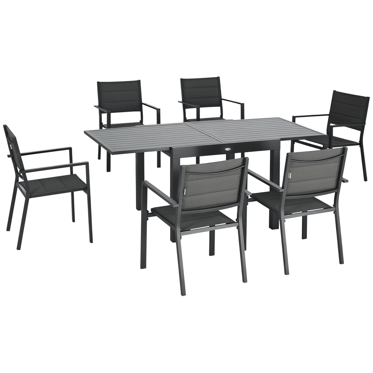 Patio Dining Set for 6, Aluminum Expandable Outdoor Table and 6 Stackable Chairs with Padded Back, Mesh Seat, Black